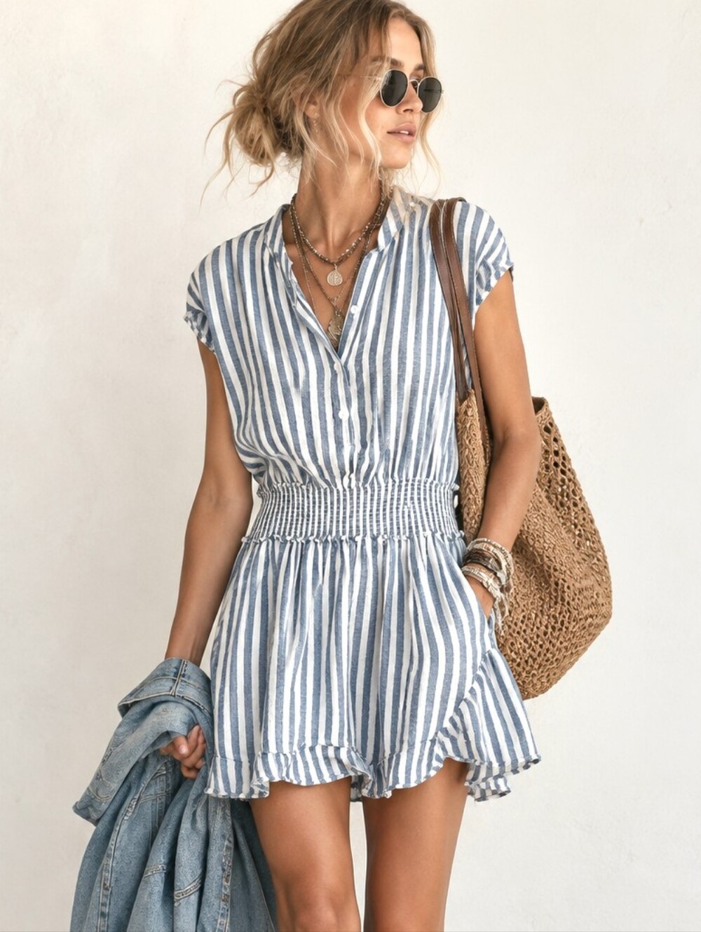 Rails Angelina Stripe Dress Smocked Waist Linen Blend